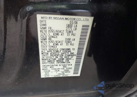 2006 Nissan Pathfinder Le из США, поврежденный, VIN 5N1AR18U56C650744